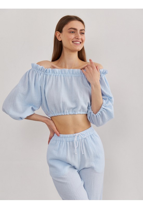 Muslin Crop Top Open Shoulders: Puff Sleeves 