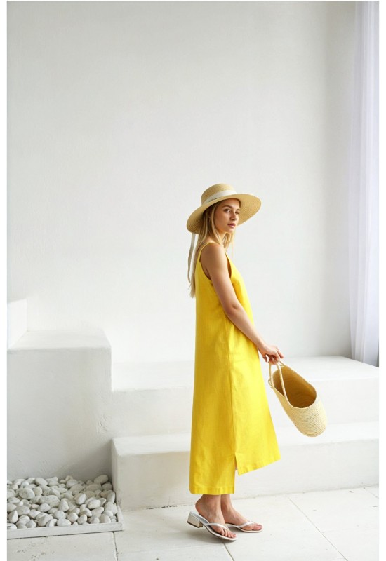 Sleeveless linen dress Midi V neck Slip dress 