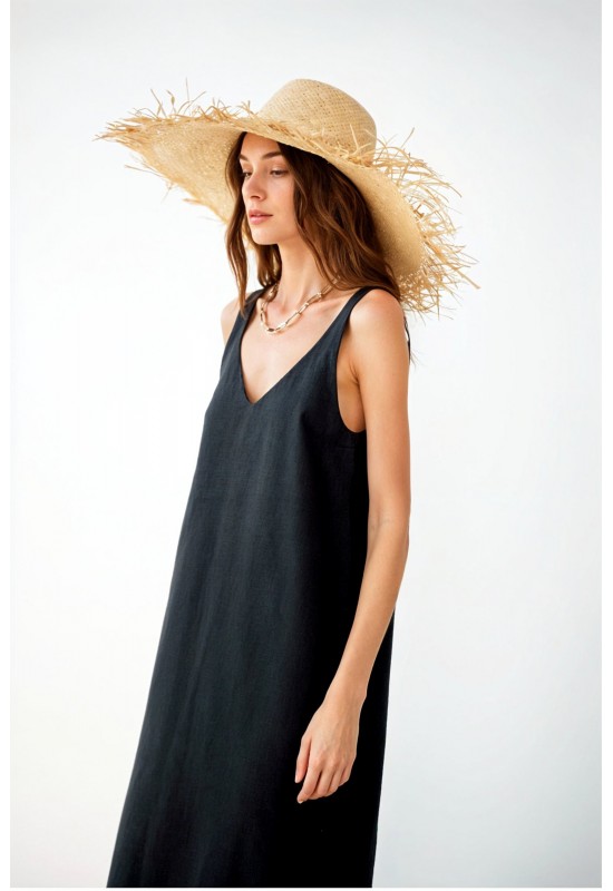 Sleeveless linen dress Midi V neck Slip dress 
