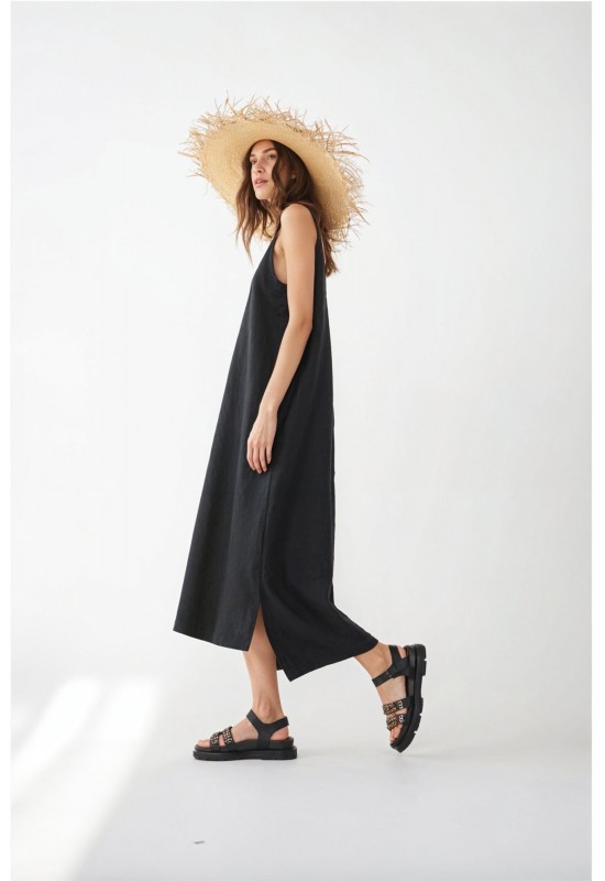 Sleeveless linen dress Midi V neck Slip dress 