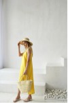 Sleeveless linen dress Midi V neck Slip dress 