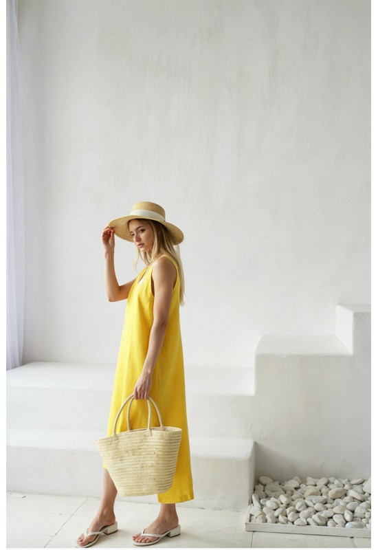 Sleeveless linen dress Midi V neck Slip dress 