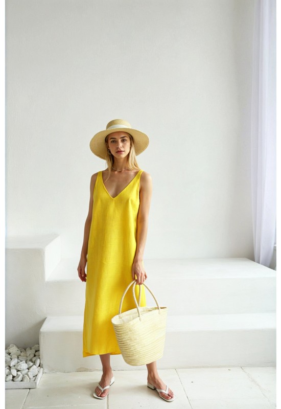 Sleeveless linen dress Midi V neck Slip dress 