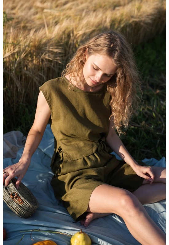 Linen crop top for women Boat neck Loose blouse