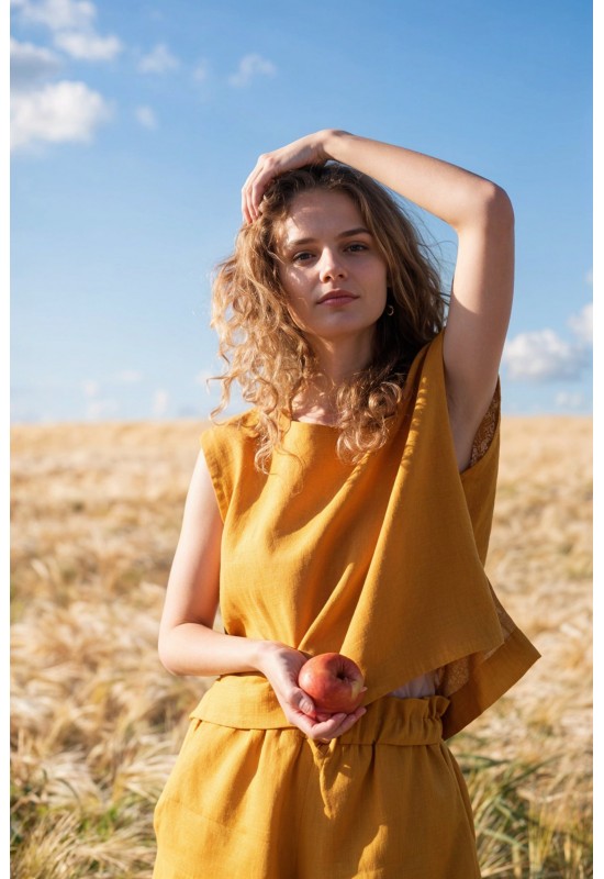 Linen crop top for women Boat neck Loose blouse