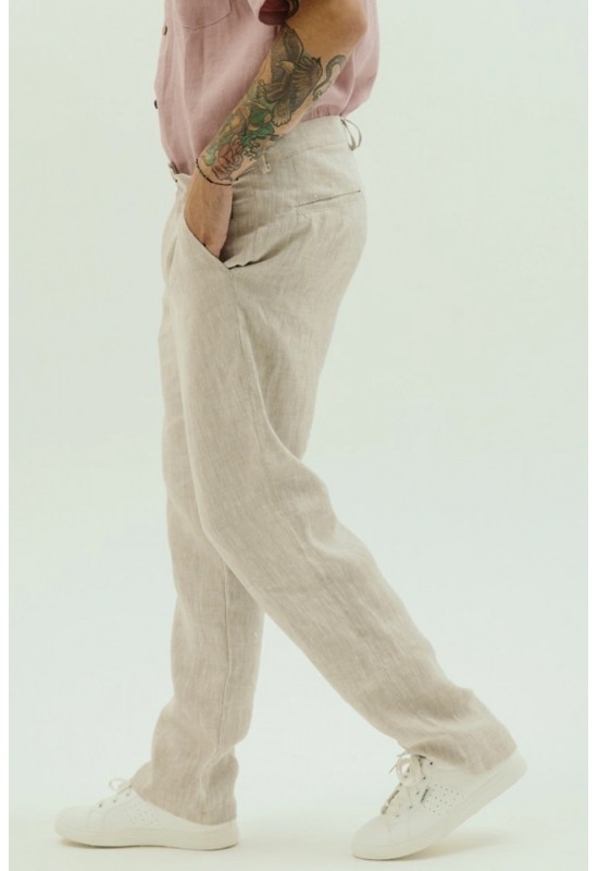 Men's Loose Fit Linen Pants with Button Closure