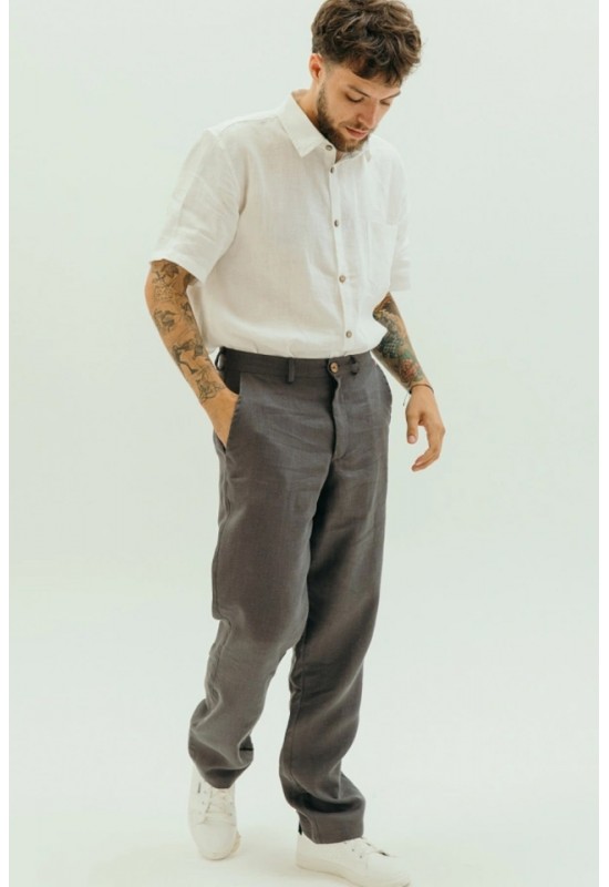 Men's Loose Fit Linen Pants with Button Closure