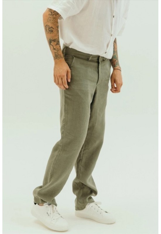 Men's Loose Fit Linen Pants with Button Closure