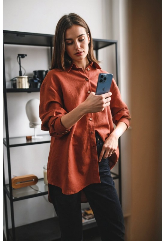 Oversized linen shirt women Collar Long sleeve