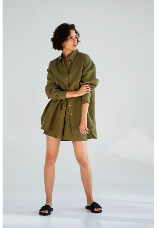 Oversized linen shirt women Collar Long sleeve