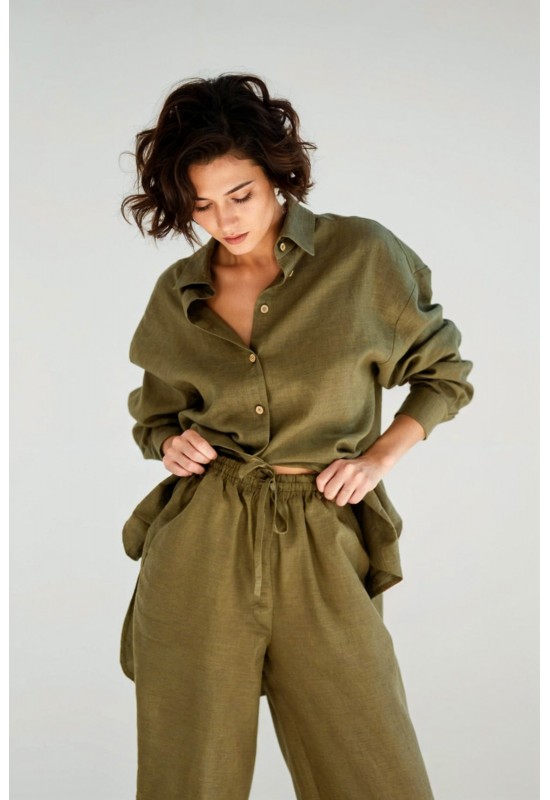 Oversized linen shirt women Collar Long sleeve