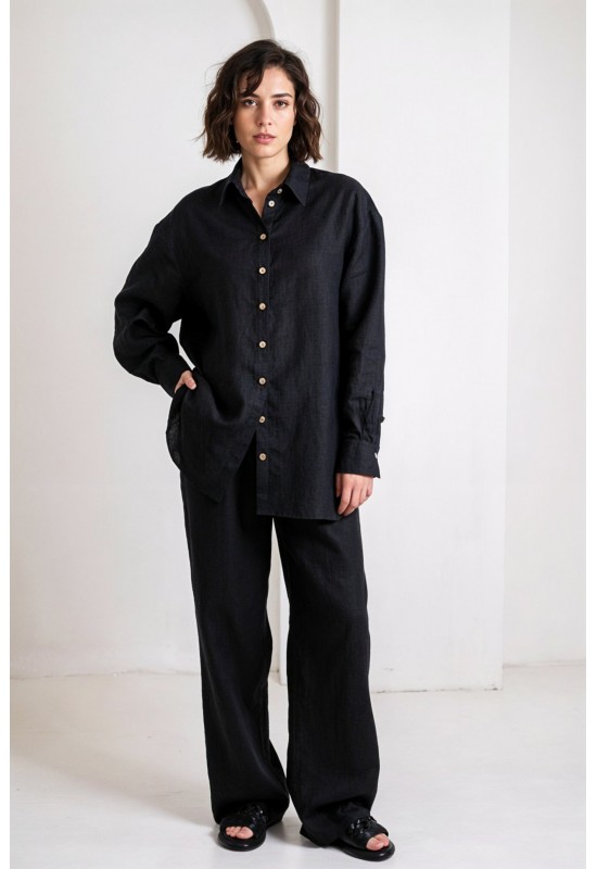 Oversized linen shirt women Collar Long sleeve
