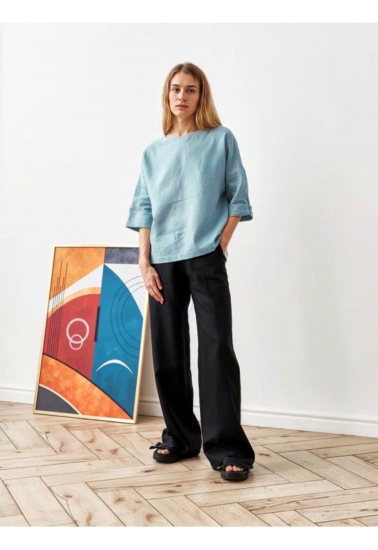 Linen Boat Neck Oversized Top - Loose T-shirt 