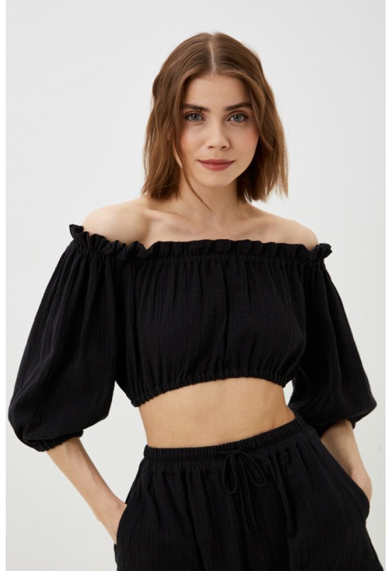 Muslin Crop Top Open Shoulders: Puff Sleeves 