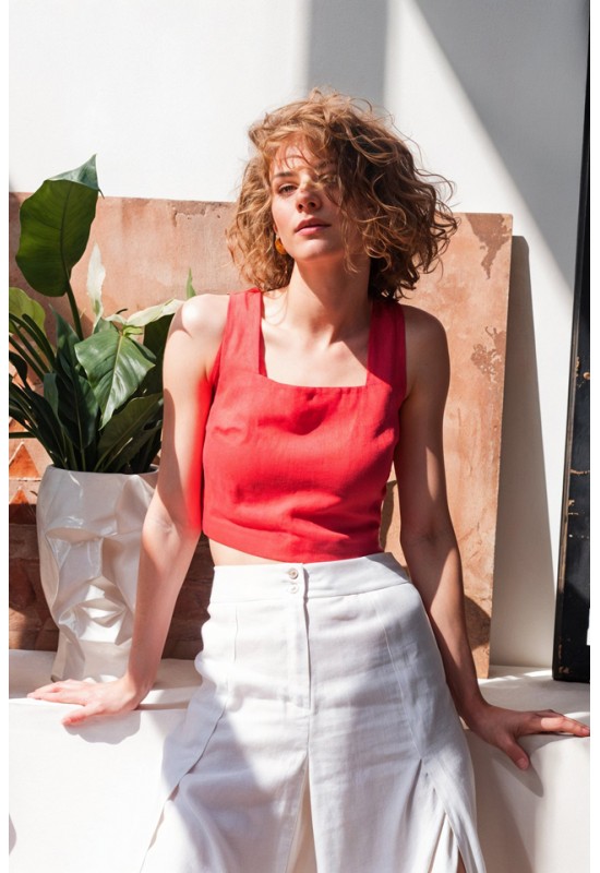 Square Neck Linen Crop Top with Back Buttons