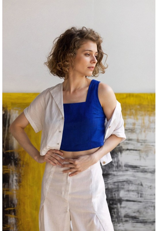 Square Neck Linen Crop Top with Back Buttons