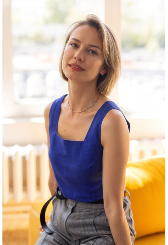 Square Neck Linen Crop Top with Back Buttons