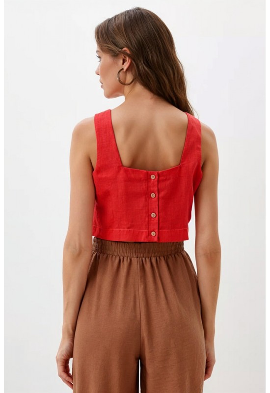 Square Neck Linen Crop Top with Back Buttons
