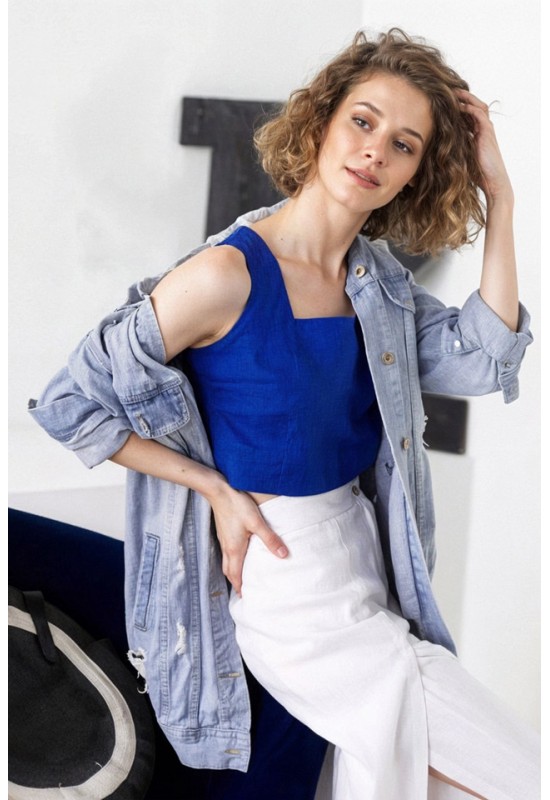 Square Neck Linen Crop Top with Back Buttons