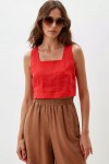 Square Neck Linen Crop Top with Back Buttons
