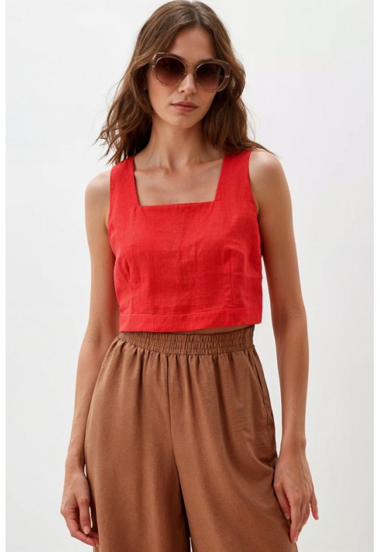 Square Neck Linen Crop Top with Back Buttons