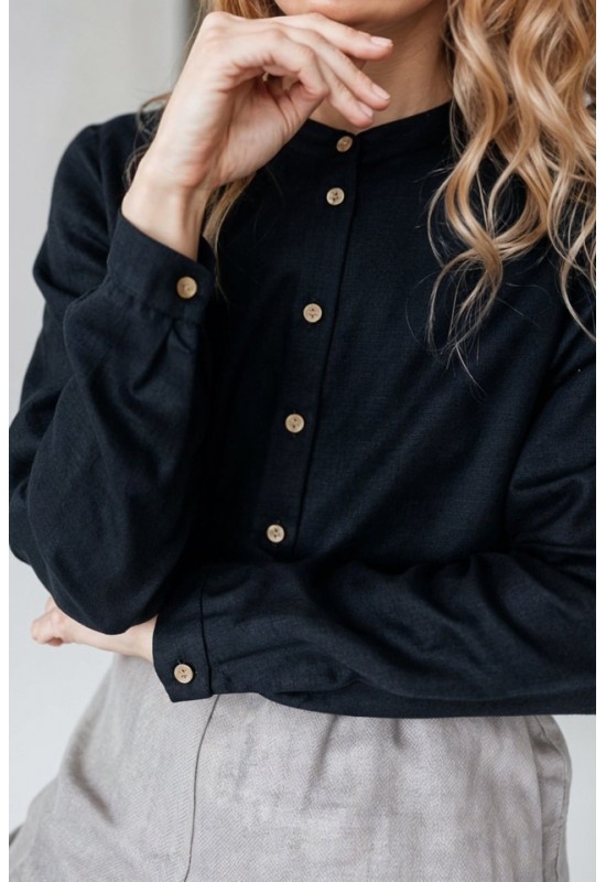 Collarless Linen Shirt for Women with Long Sleeves
