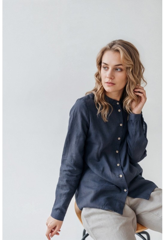 Collarless Linen Shirt for Women with Long Sleeves