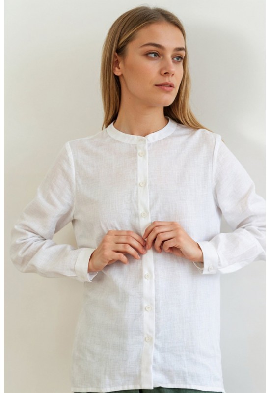 Collarless Linen Shirt for Women with Long Sleeves