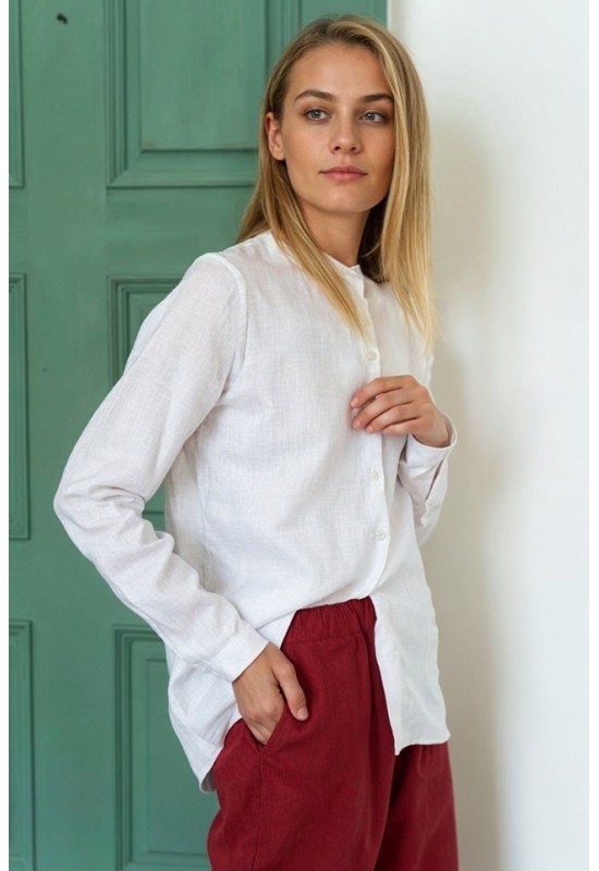 Collarless Linen Shirt for Women with Long Sleeves