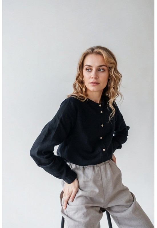 Collarless Linen Shirt for Women with Long Sleeves