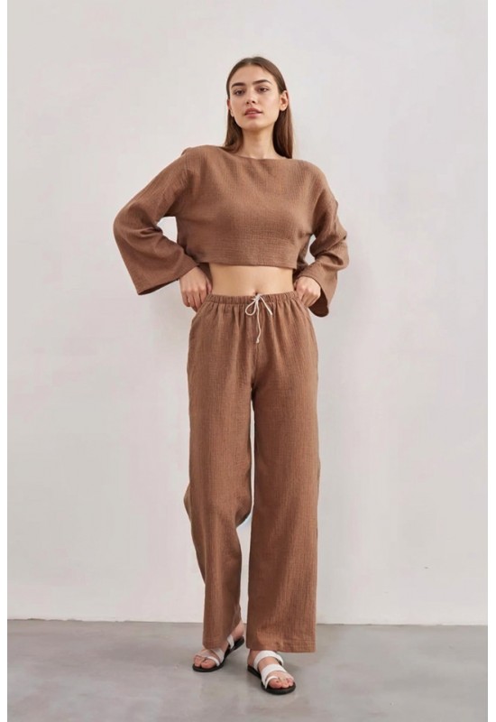 Cotton Gauze Muslin Pants: High Waist, Elastic 