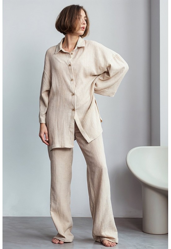 Cotton Gauze Muslin Pants: High Waist, Elastic 