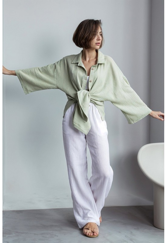 Cotton Gauze Muslin Pants: High Waist, Elastic 