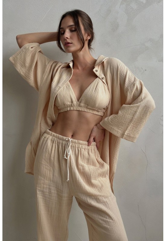Cotton Gauze Muslin Pants: High Waist, Elastic 