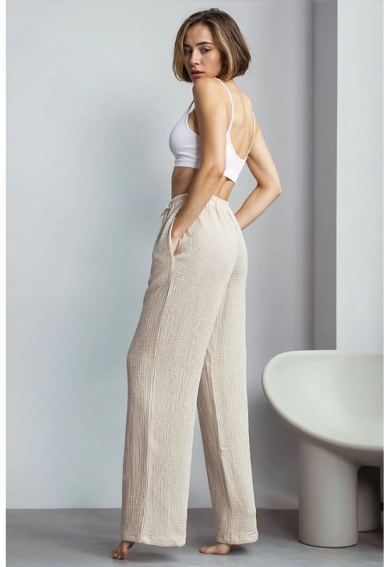 Cotton Gauze Muslin Pants: High Waist, Elastic 