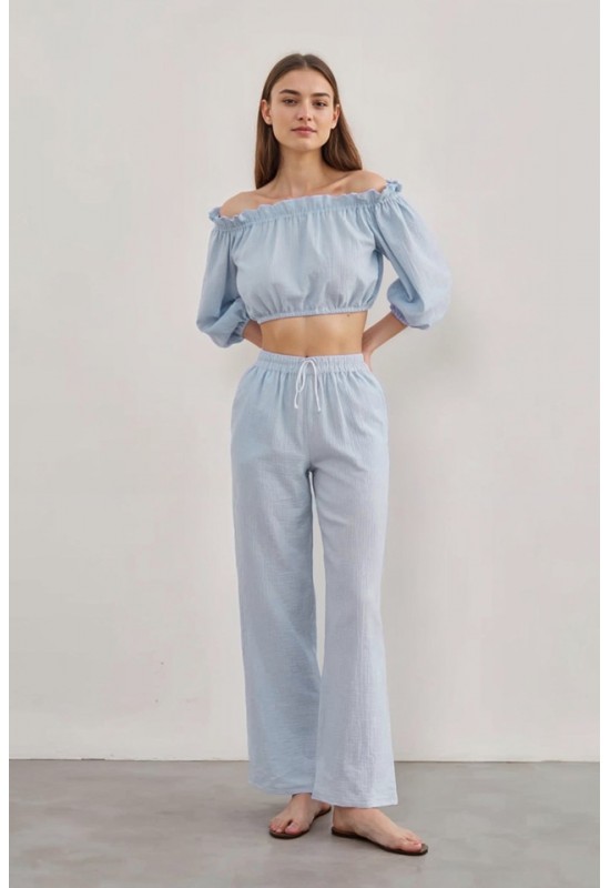 Cotton Gauze Muslin Pants: High Waist, Elastic 