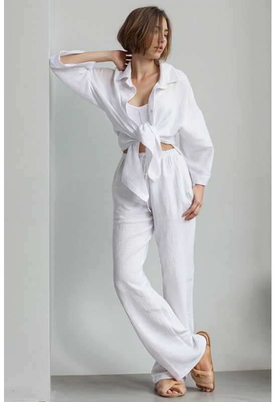 Cotton Gauze Muslin Pants: High Waist, Elastic 