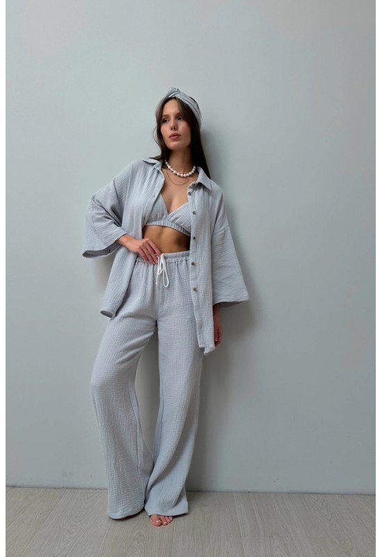 Cotton Gauze Muslin Pants: High Waist, Elastic 