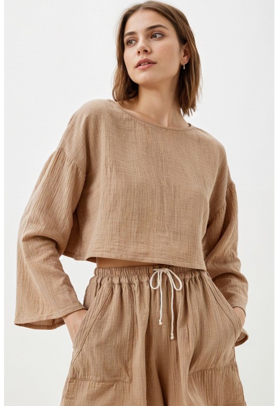 Cotton Gauze muslin crop top with Long sleeves 
