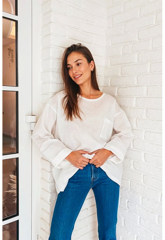 Linen long sleeve top with boat neck