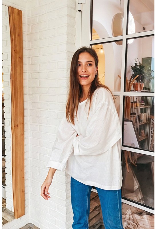 Linen long sleeve top with boat neck
