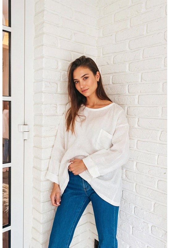 Linen long sleeve top with boat neck