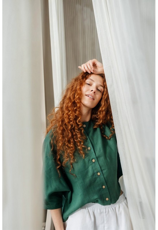 Linen Loose Blouse with Buttons - Half Sleeve Top