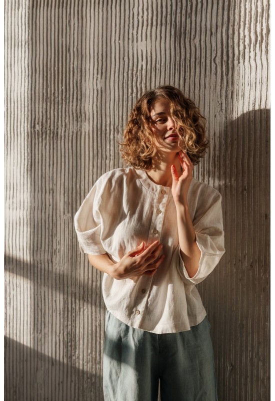 Linen Loose Blouse with Buttons - Half Sleeve Top