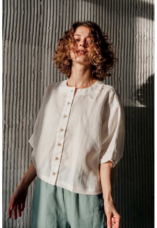Linen Loose Blouse with Buttons - Half Sleeve Top