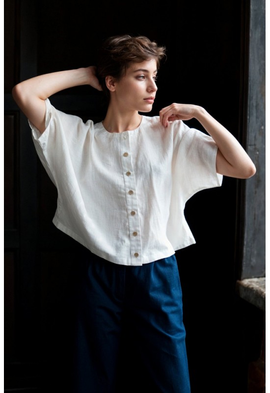 Linen Loose Blouse with Buttons - Half Sleeve Top