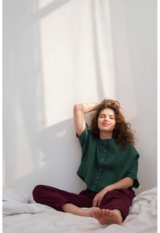 Linen Loose Blouse with Buttons - Half Sleeve Top