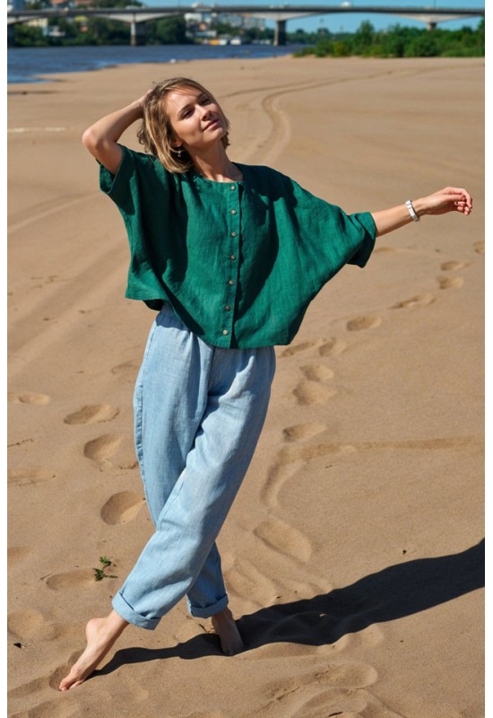 Linen Loose Blouse with Buttons - Half Sleeve Top