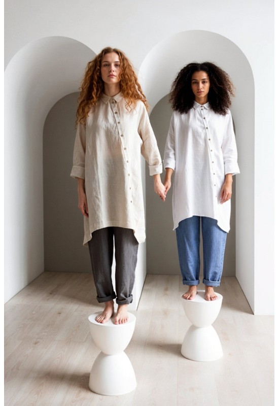 Linen Long Shirt - Asymmetrical Cut, Lond Sleeves 