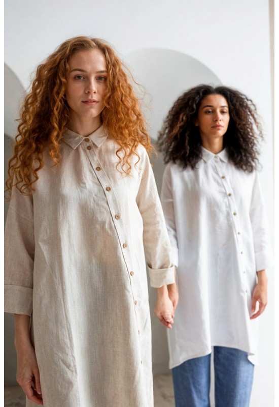 Linen Long Shirt - Asymmetrical Cut, Lond Sleeves 